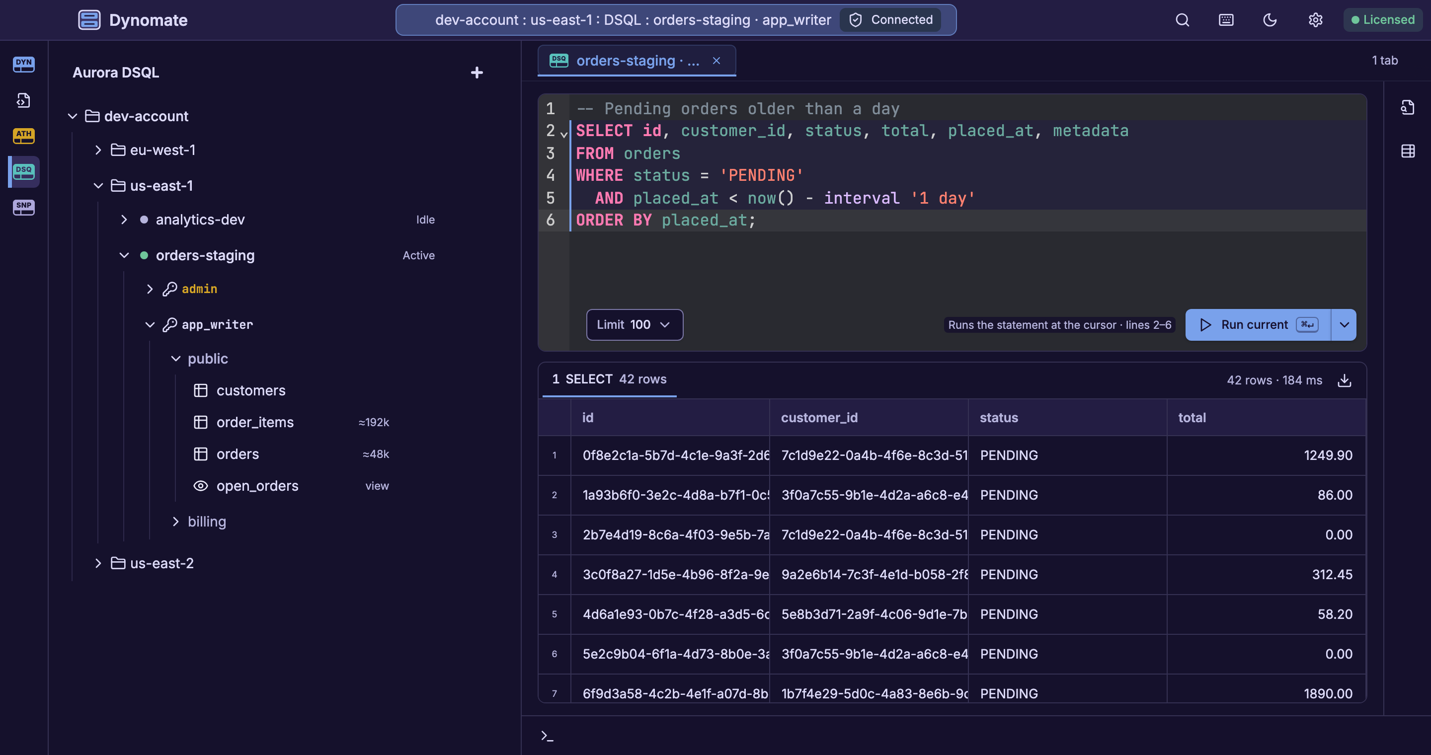 Dynomate Aurora DSQL console with a SELECT result, the cluster tables in the sidebar and the connection in the title bar
