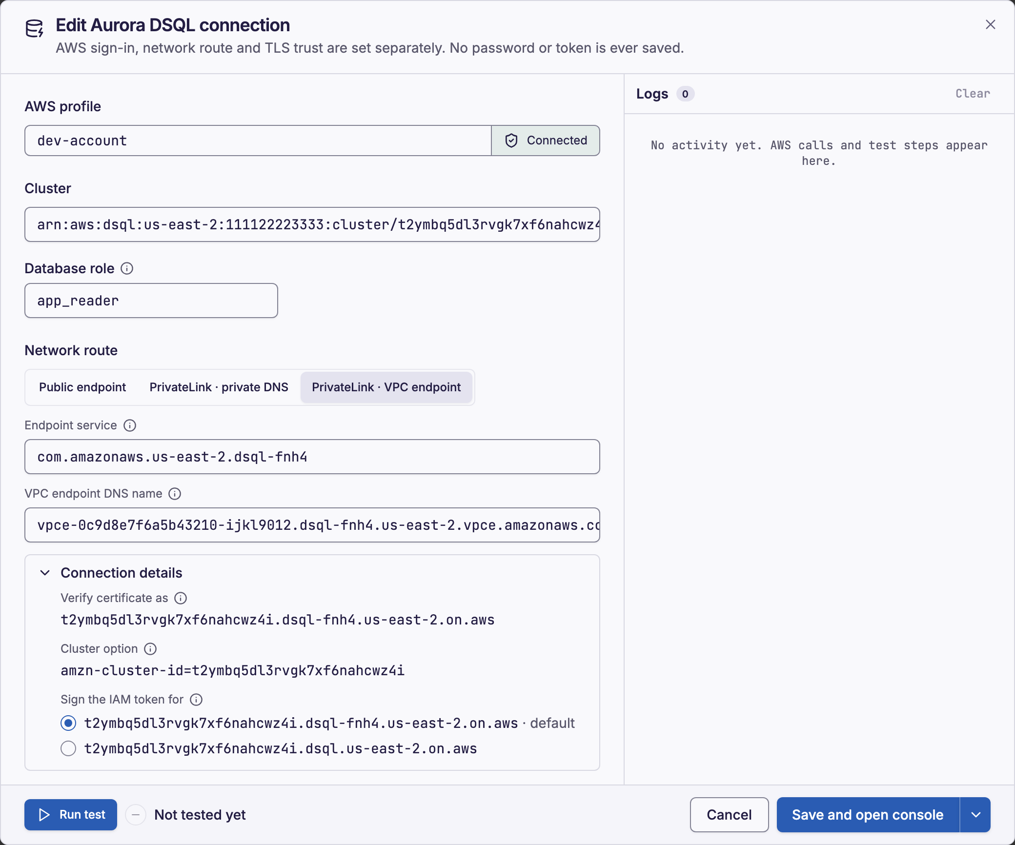 Dynomate Aurora DSQL connection dialog with the PrivateLink VPC endpoint route and the connection details