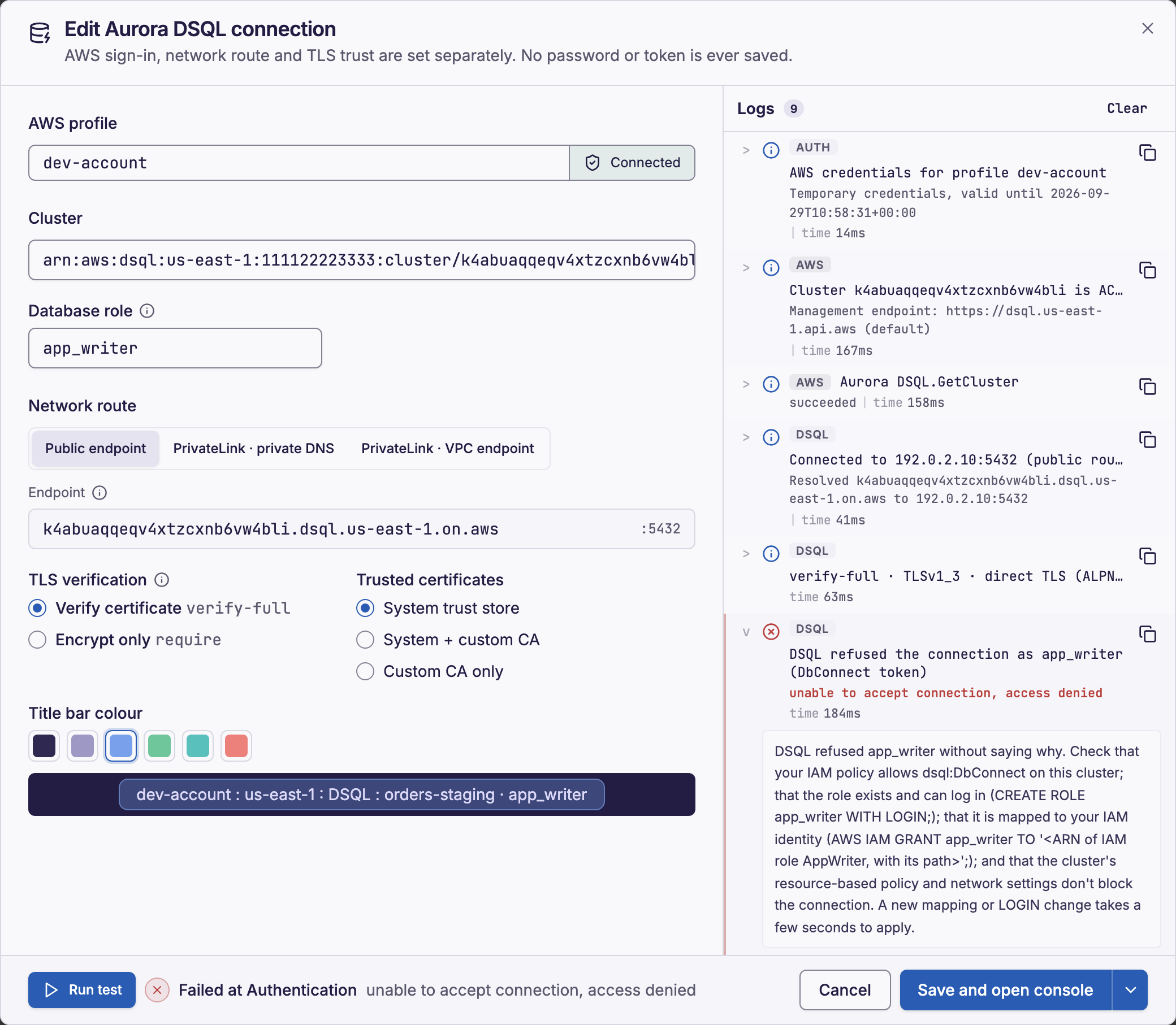 Dynomate Aurora DSQL connection test that failed at Authentication, with the access denied guidance and a placeholder for the IAM role ARN