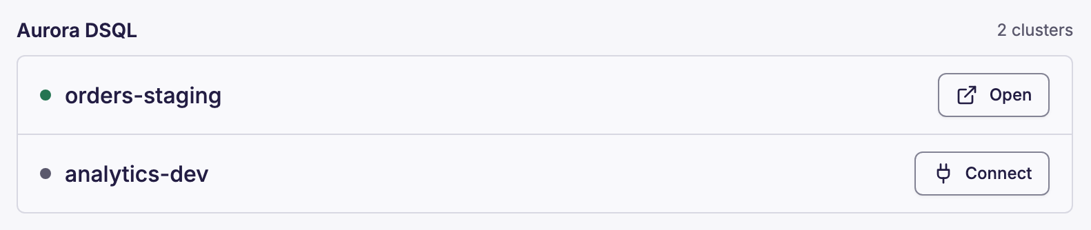 Dynomate Table Discovery with an Aurora DSQL section that lists two clusters, each with an Open or Connect button