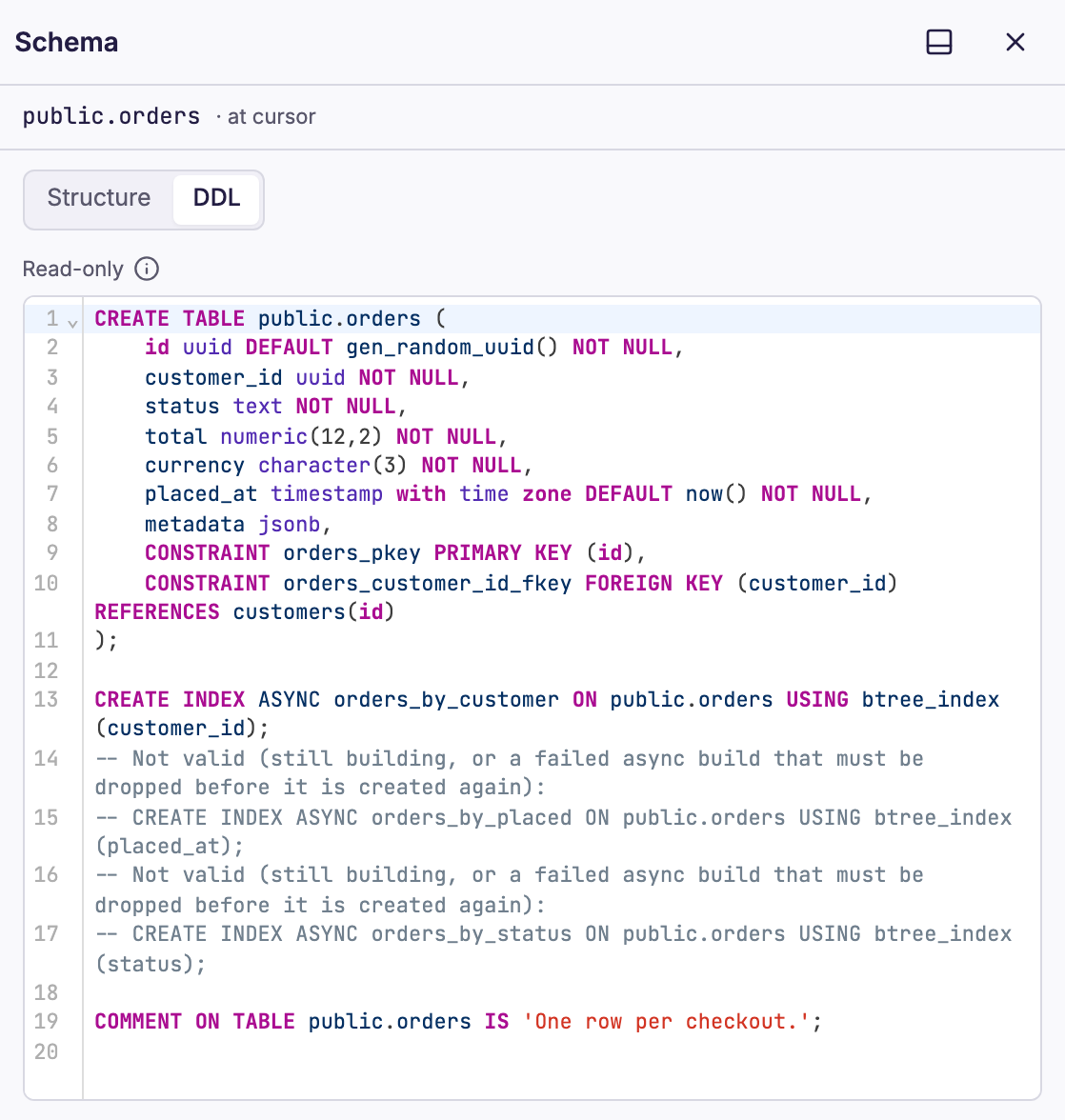 Dynomate Schema tool with the read-only DDL of public.orders