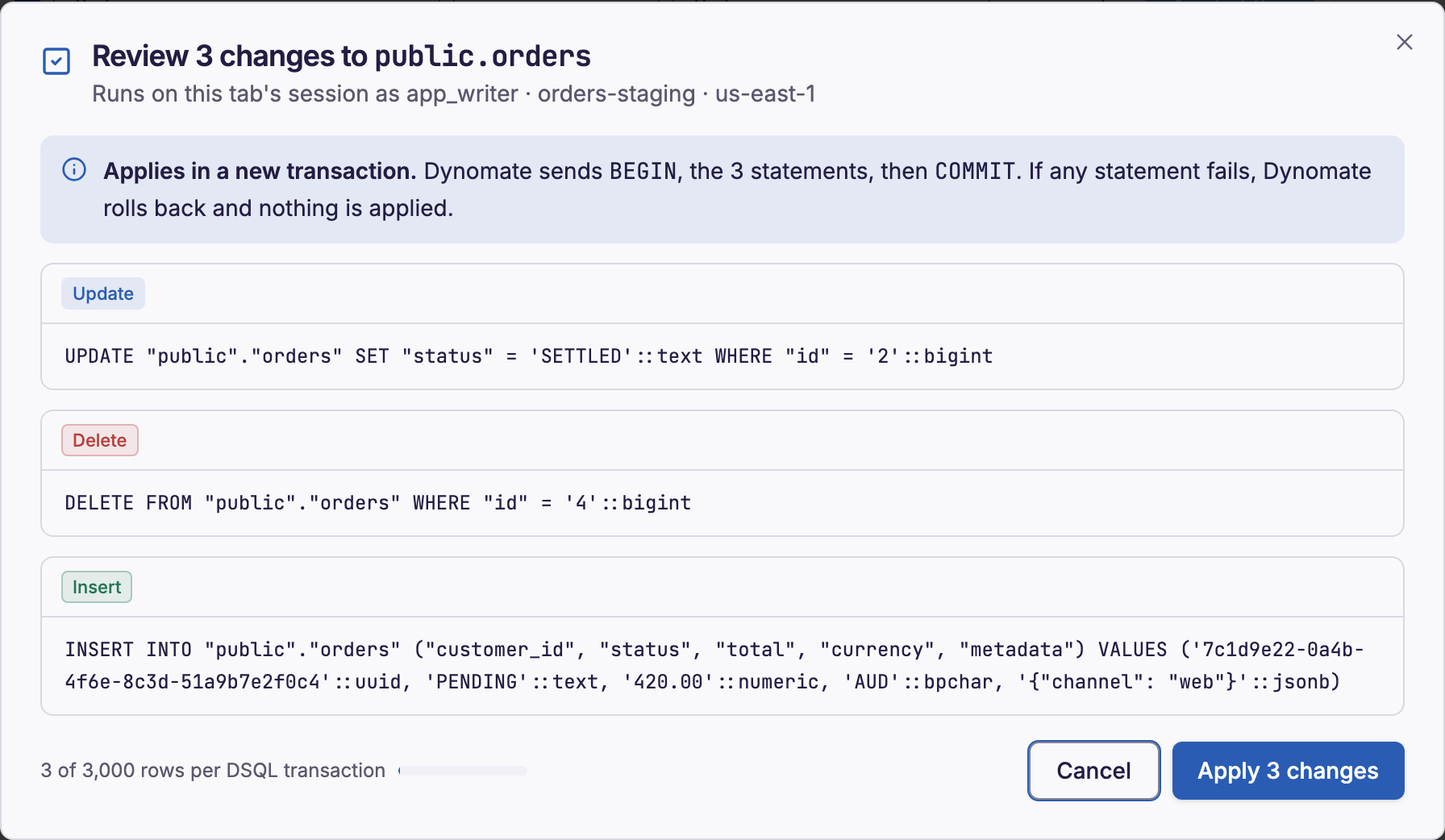 Dynomate Review changes dialog with an UPDATE, a DELETE and an INSERT statement for public.orders