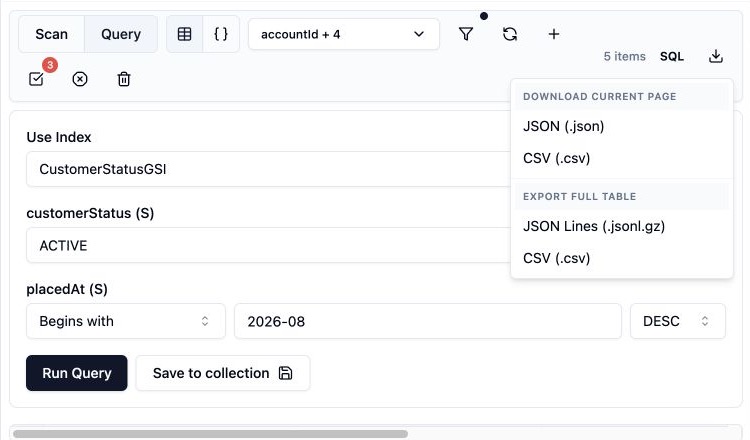 Dynomate download and export menu with current-page and full-table options