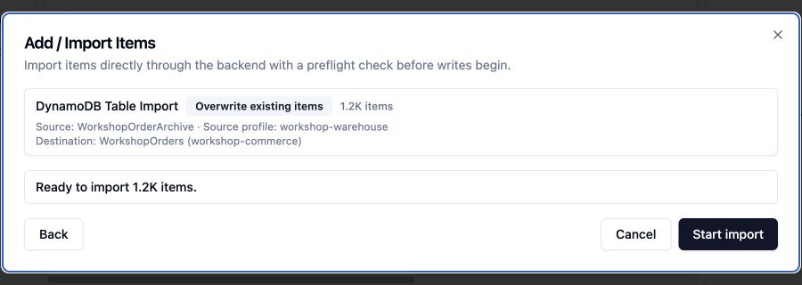 Dynomate Add and Import Items dialog after a DynamoDB source passes review