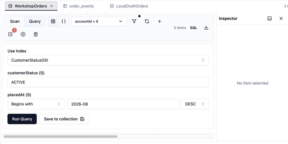 Dynomate with DynamoDB tables from separate AWS contexts open in tabs