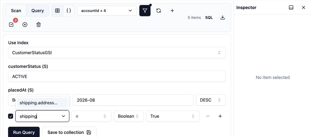 Dynomate query controls with an index selected and a nested attribute filter