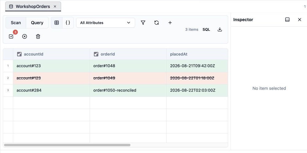 Dynomate table view with grid rows, staged changes, JSON Inspector, and table actions