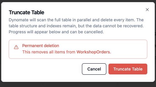 Dynomate confirmation dialog that warns a table truncate permanently deletes all items