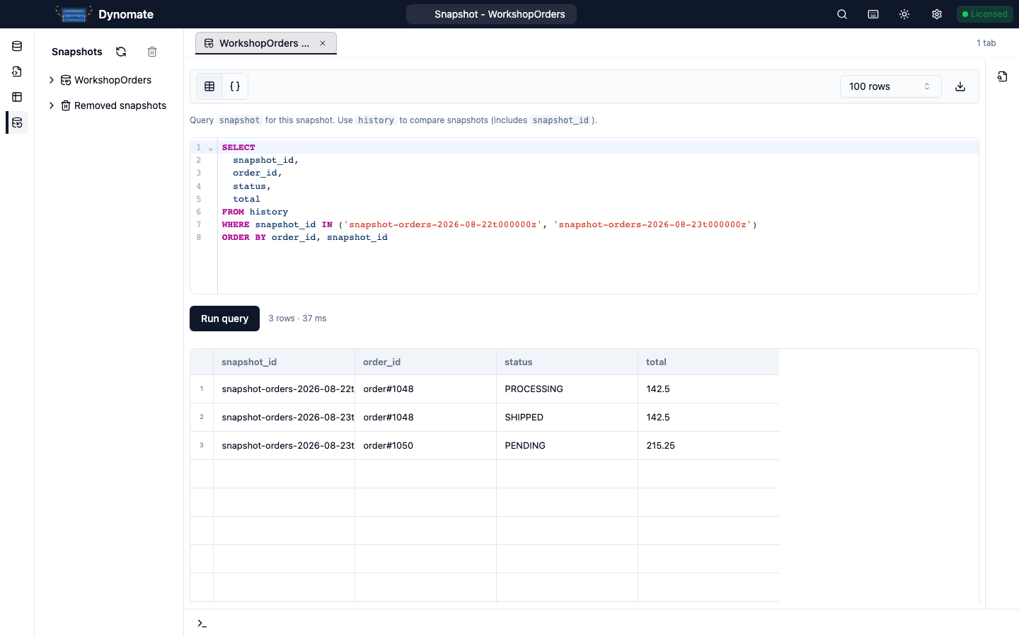 Dynomate local SQL tab comparing two DynamoDB snapshots with the history view and a three-row result