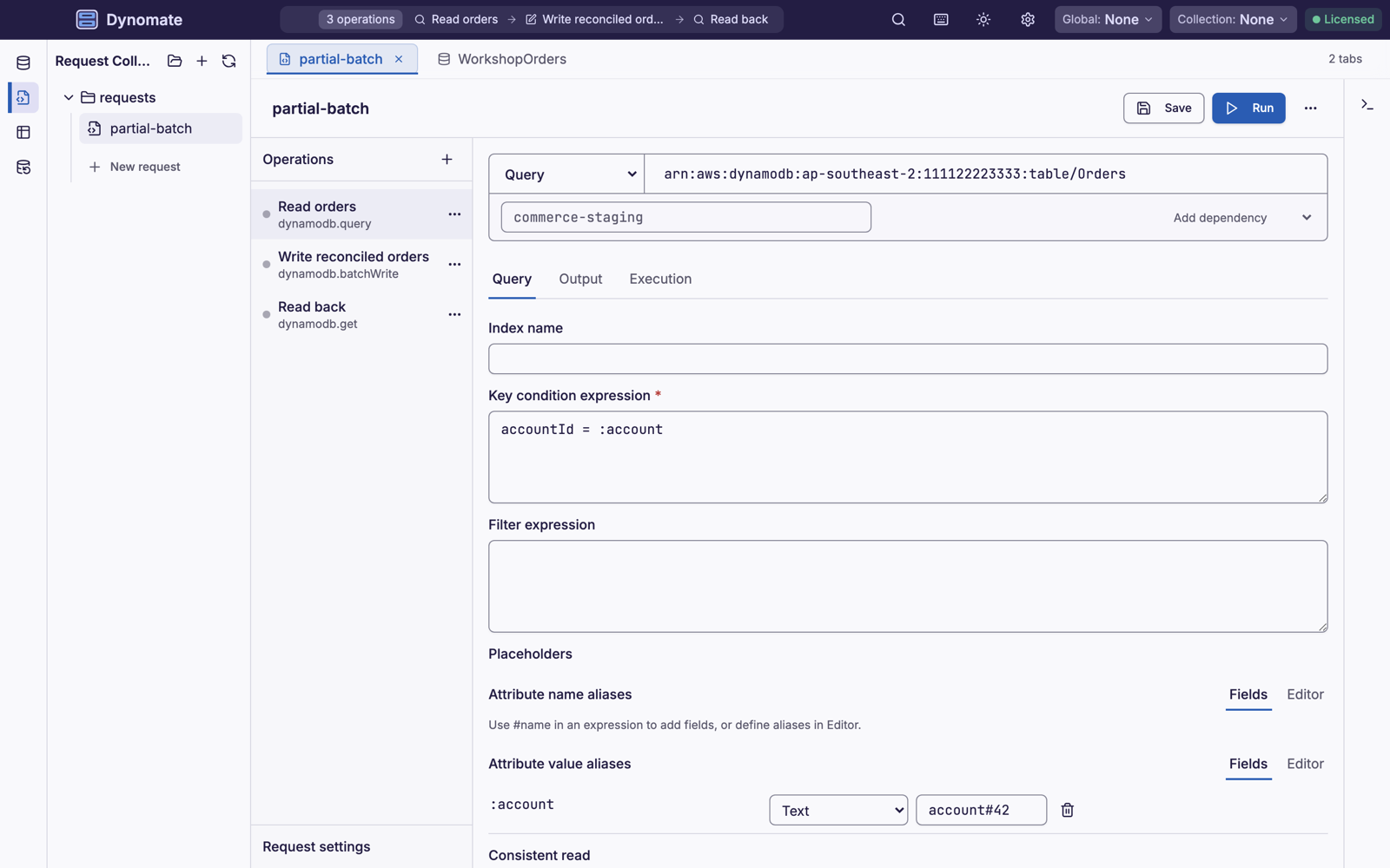 Dynomate request collections with a request open, the Global and Collection environment selectors in the title bar, and the Run button