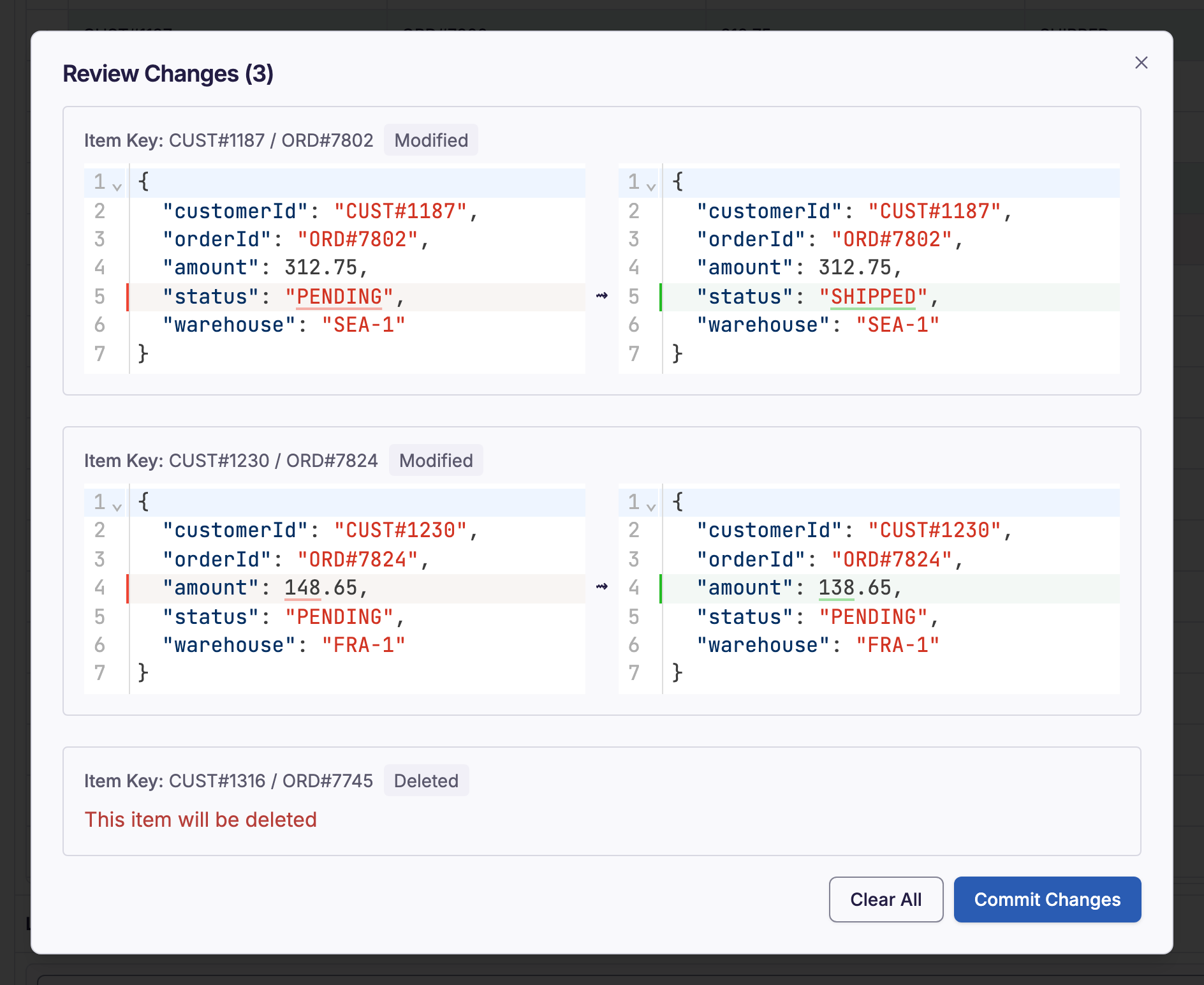 Dynomate review dialog listing staged DynamoDB item changes
